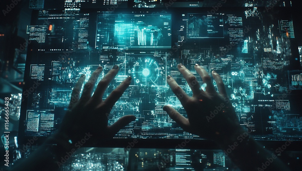 Poster Hands interacting with a futuristic, holographic computer interface displaying complex data streams and charts.