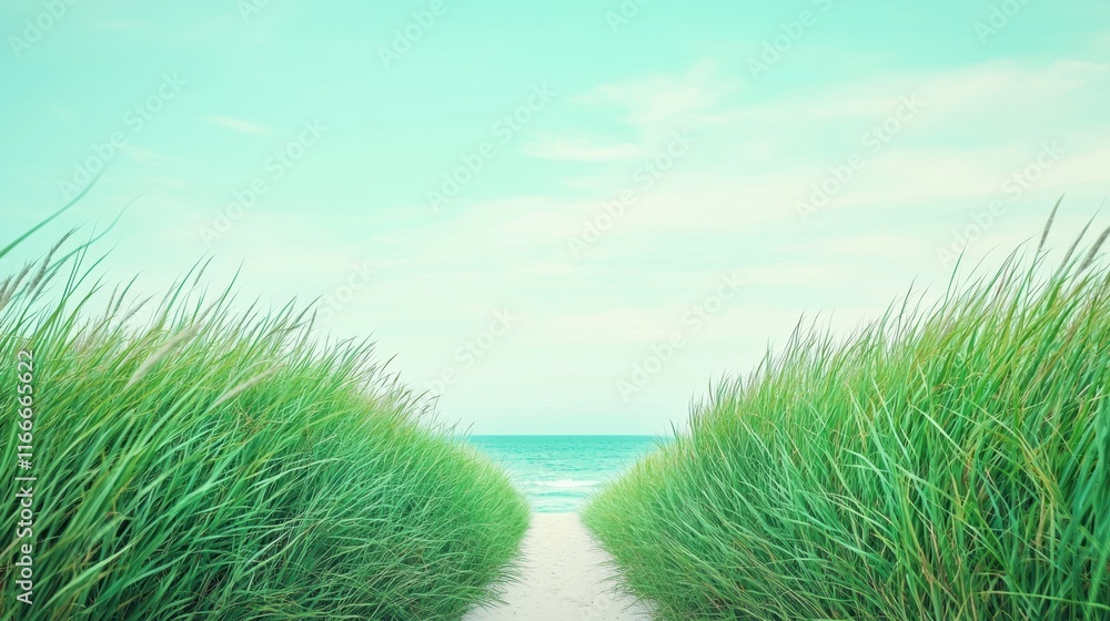 Poster a path leading towards a secluded beach, with tall grass swaying in the breeze and the sound of wave