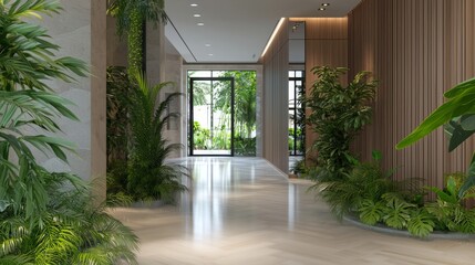 Serene Biophilic Design in Elegant Hallway with Indoor Plants and Soft Lighting - 3D Render Illustration