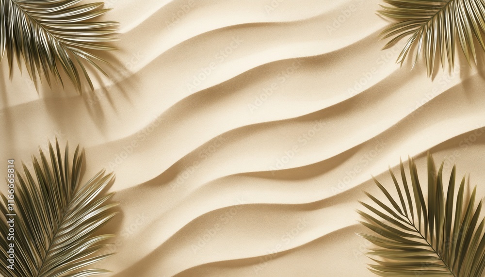 Poster overhead view of wavy sand texture with palm leaves.