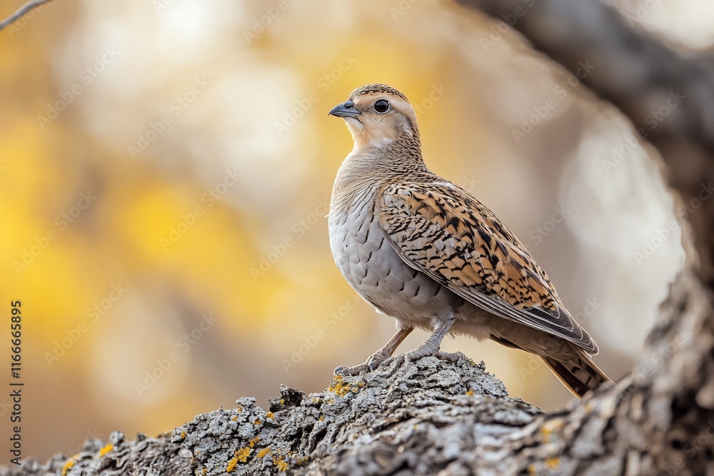 Poster a chestnut-banded plover perched on a tree branch against a blurred autumnal background.