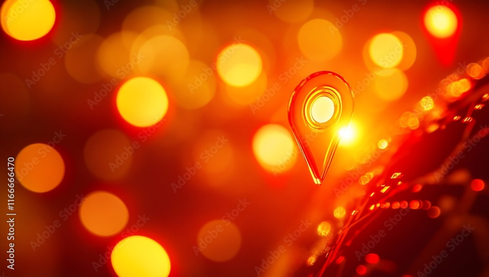Poster glowing location pin on dark world map background with bokeh lights.