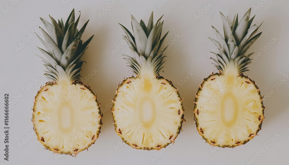 Poster three halved pineapples arranged in a row on a white background. (1)
