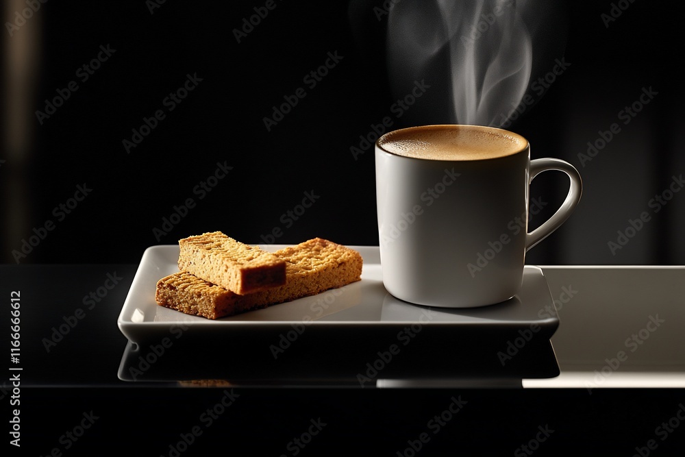 Poster steaming espresso in white cup with two biscotti on rectangular plate against black background.