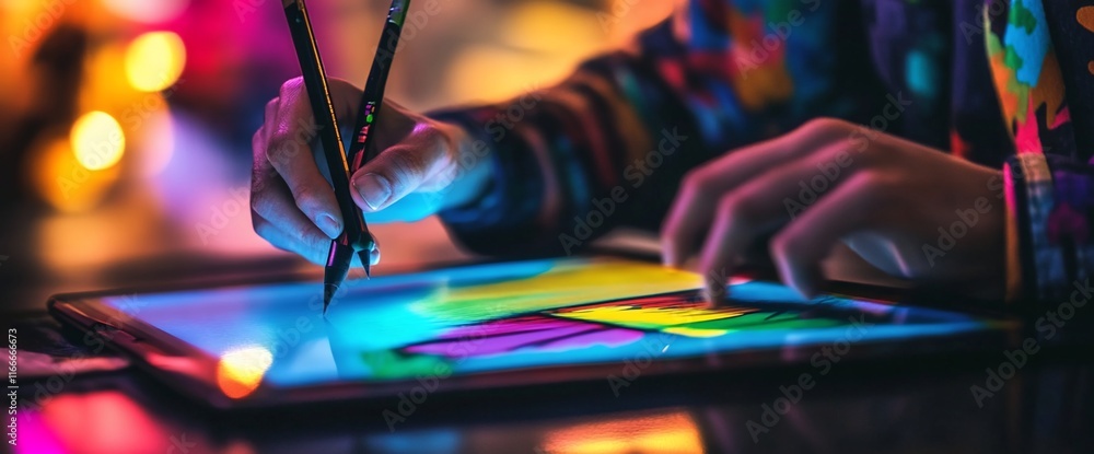 Fototapete close-up of hands using stylus on a digital tablet to create colorful artwork.