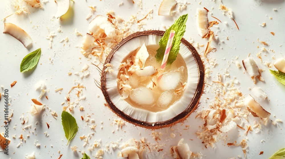 Poster refreshing coconut drink in a coconut shell with ice, mint, and coconut flakes on white background.