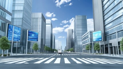 A modern urban street scene with skyscrapers and digital billboards under a clear sky.