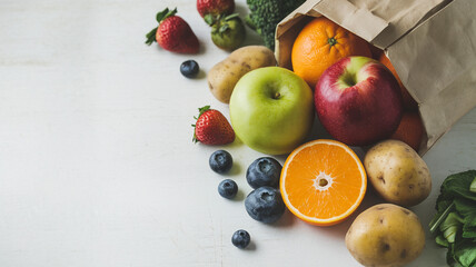 Variety of Fresh Fruits and Vegetables Overflowing from a Paper Bag