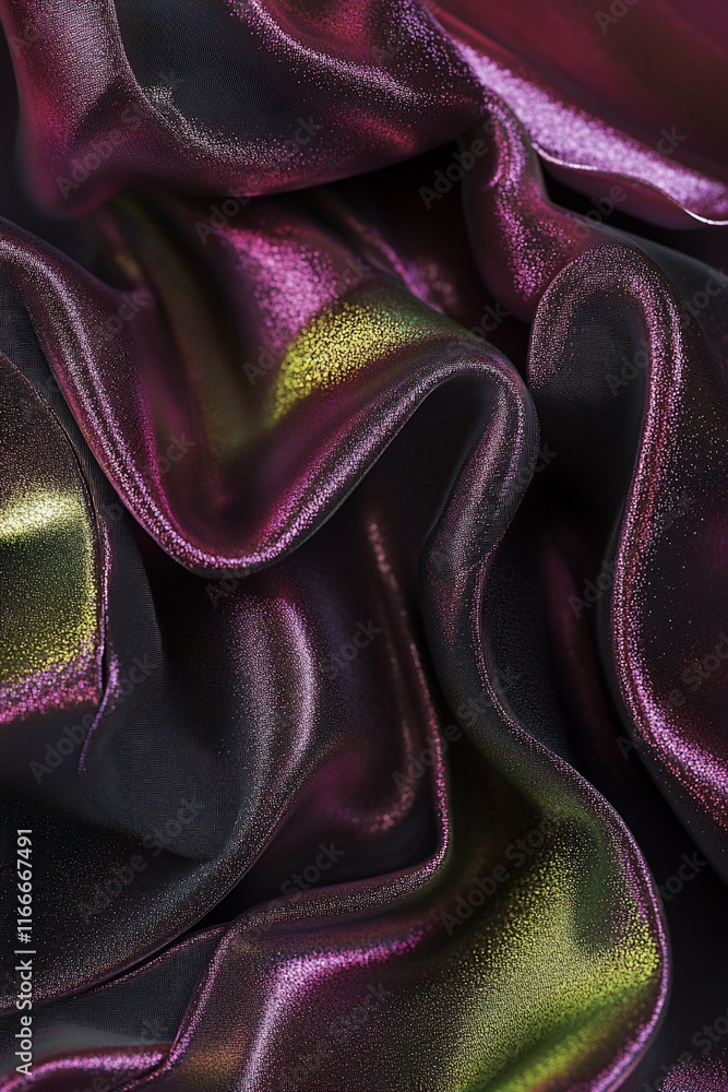 Poster abstract close-up of iridescent purple and green fabric with flowing folds and shimmering texture.