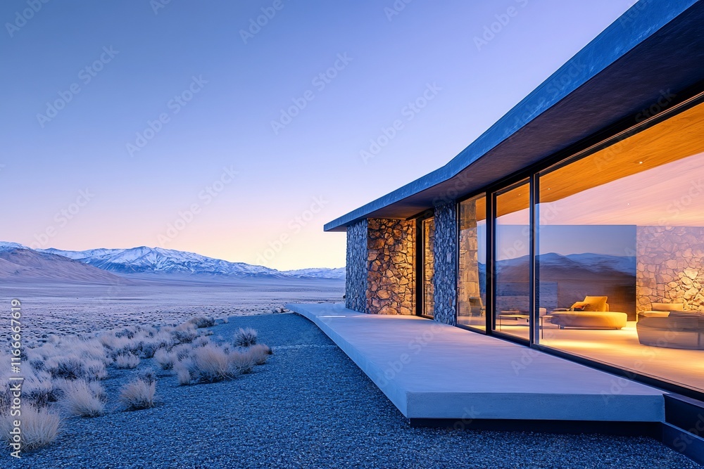 Poster modern desert house with large windows overlooking a mountain range at sunset.