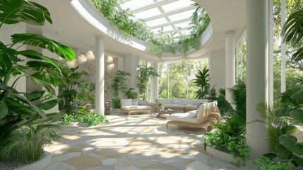 Fototapeta premium Tranquil Biophilic Home Atrium with Tropical Plants and Skylights - 3D Render Illustration of Peaceful Oasis in Residence