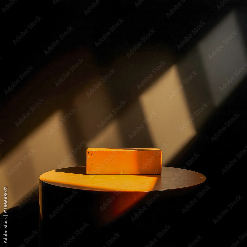 Poster sunlit block rests on a circular table