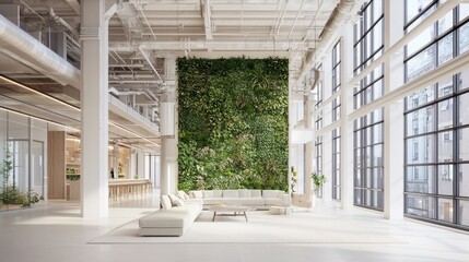 Obraz premium Modern Biophilic Design Urban Loft with Living Wall and Large Windows | 3D Render Illustration