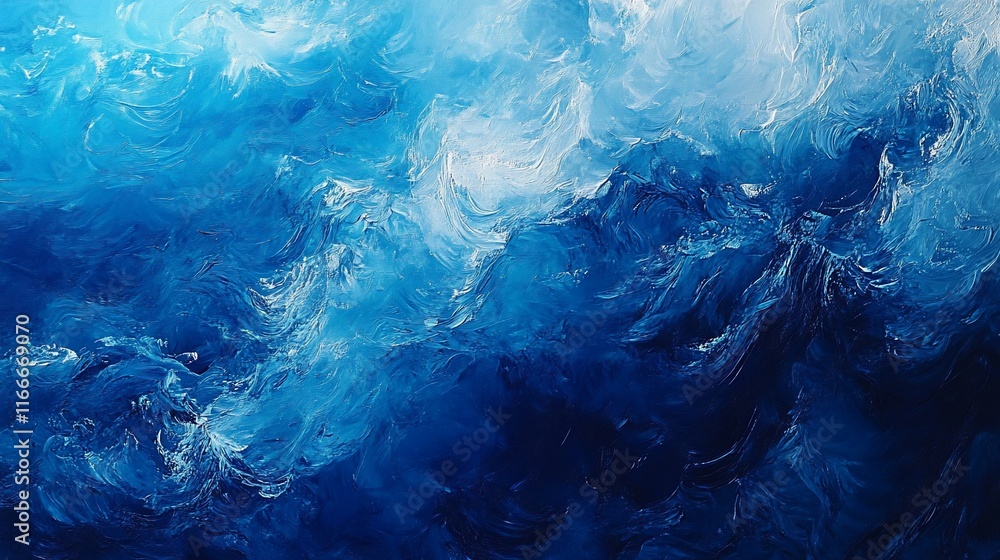 Poster abstract blue and white paint texture with swirling, wave-like patterns.