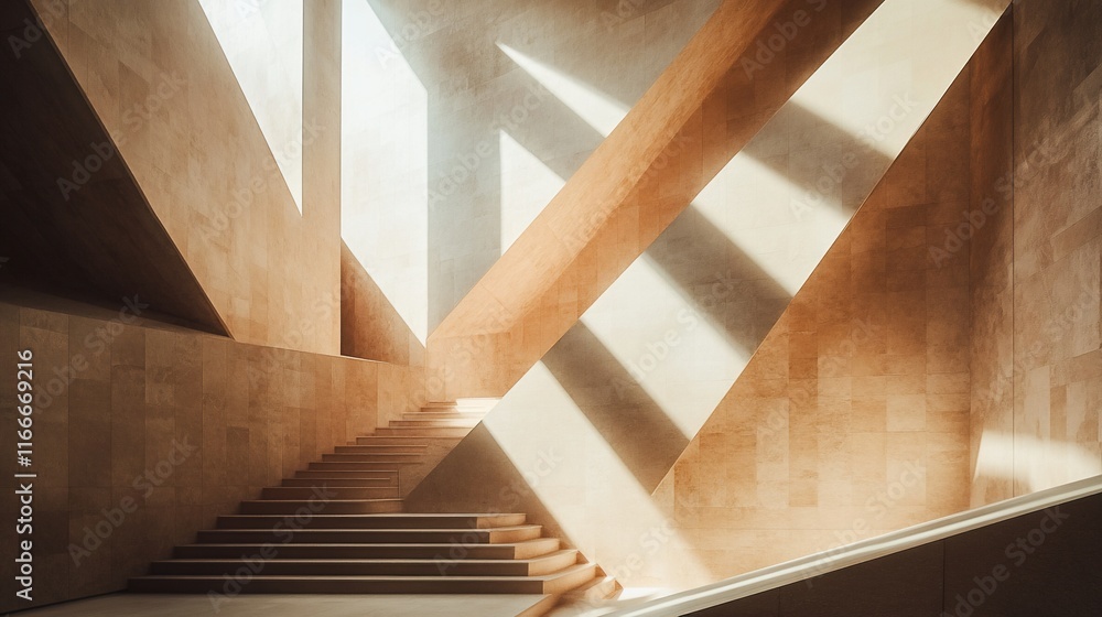 Poster sunlit staircase in modern geometric architecture interior.