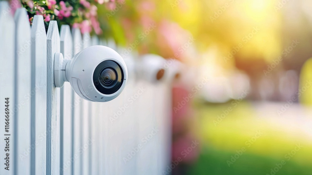 Poster a row of security cameras monitoring a perimeter fence, representing security systems protecting sen