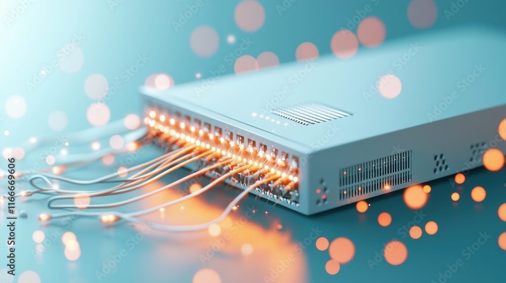 Poster a close up shot of a network router with blinking lights, symbolizing the flow of data and the impor