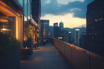 Rooftop patio with city skyline at dusk, tables and plants.