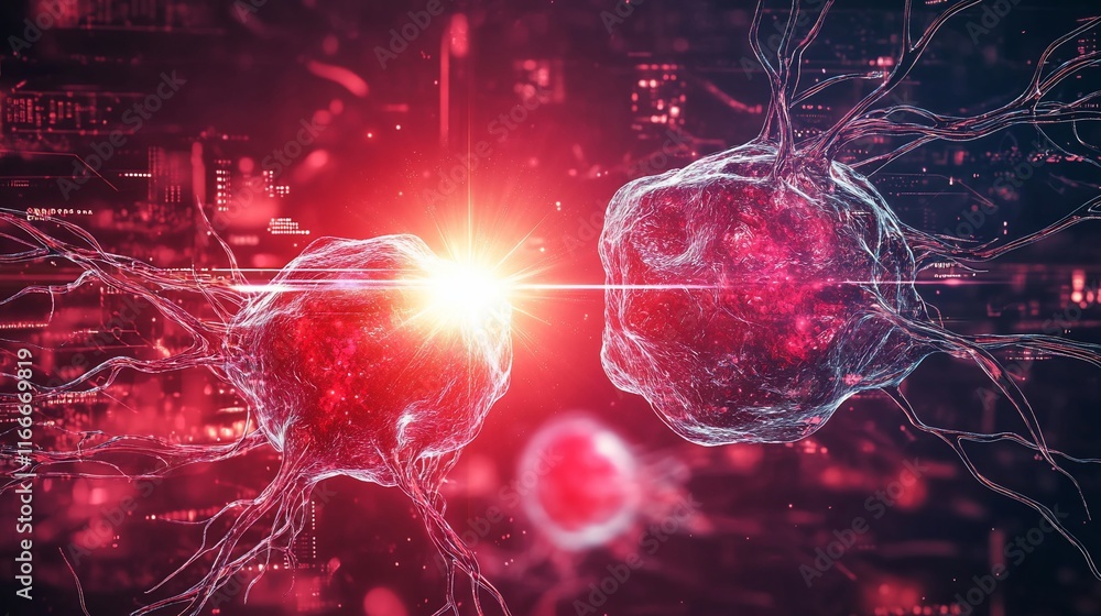 Poster microscopic view of two cells connecting, glowing red, digital background.