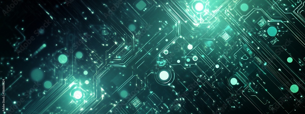 Poster abstract teal circuit board with glowing nodes and lines.
