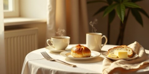 Fototapeta premium A tranquil morning scene featuring warm beverages, freshly baked bread, and a pat of butter, bathed in soft sunlight