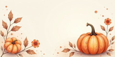 Autumnal Harvest Two Pumpkins Adorned with Delicate Watercolor Leaves and Blossoms