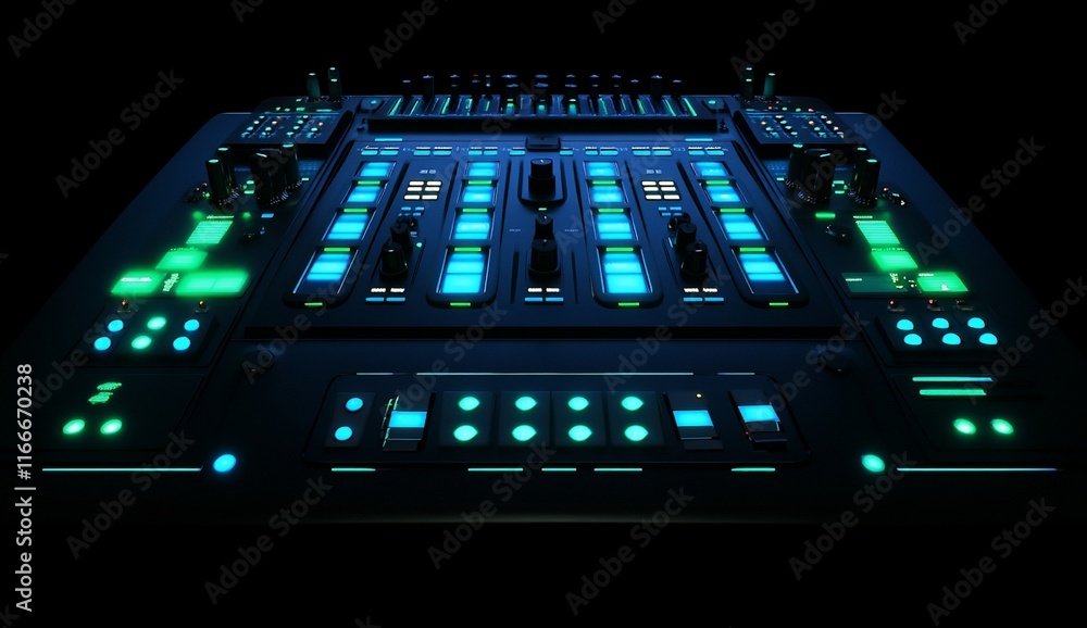 Fototapete Illuminated audio mixing console with faders and buttons in dark setting.