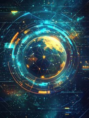 Fototapeta premium Blockchain technology futuristic hud background with world globe and blockchain polygon peer to peer network. Global cryptocurrency blockchain business banner concept.