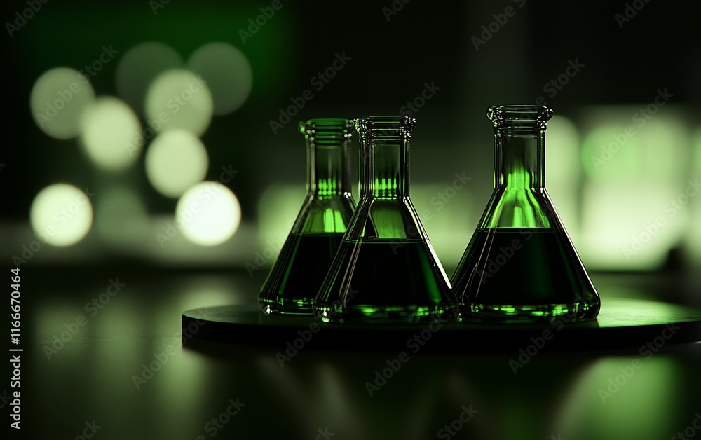 Aufkleber Three Erlenmeyer flasks containing a dark green liquid sit on a dark surface in a dimly lit laboratory.