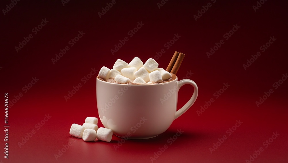 Poster hot chocolate in a white mug topped with marshmallows and cinnamon sticks on a red background.