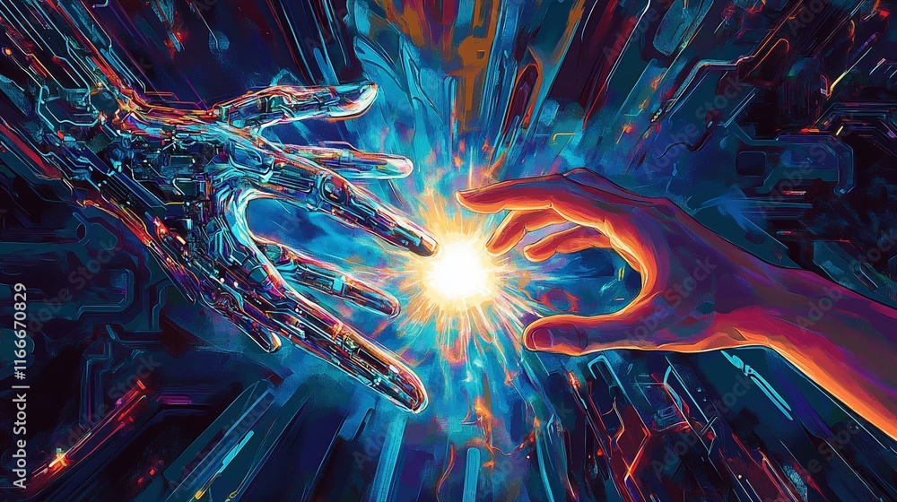 Poster human and robotic hands reaching towards a bright light, symbolizing connection and technological ad