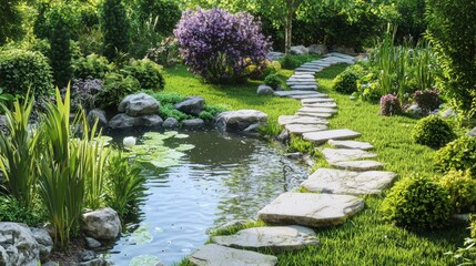 Tranquil Biophilic Design Backyard Oasis with Pond and Native Plants - 3D Render Illustration
