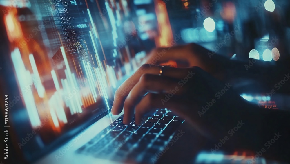 Poster Close-up of hands typing on laptop displaying financial data charts and graphs at night. (1)