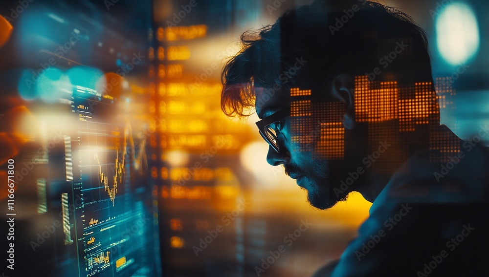 Poster Focused man analyzing data on multiple screens in a dark room.