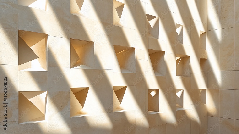 Poster Sunlight streams through geometric cutouts in a beige wall, creating dramatic shadows and light patterns.