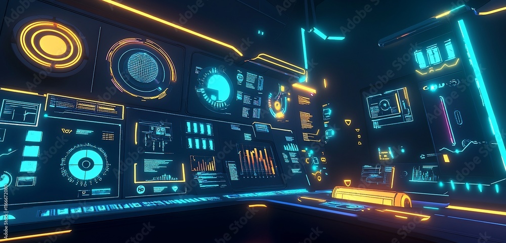 Aufkleber futuristic digital interface with glowing neon displays showing data, graphs, and charts.