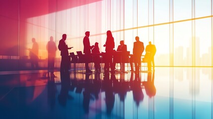 Silhouetted Business Professionals Networking at a Vibrant Corporate Event