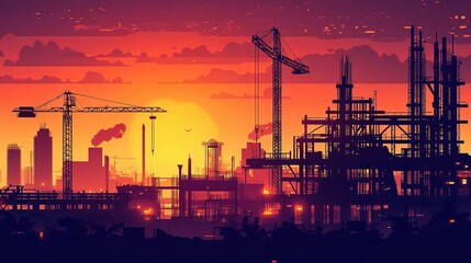Large Construction Site at Sunset with Machinery in Silhouette