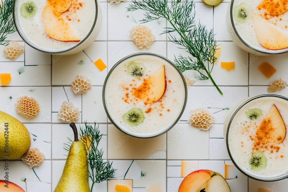 Poster top view of five glasses of creamy fruit smoothie garnished with kiwi and apple slices, surrounded b