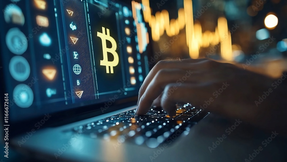 Poster Close-up of hands typing on laptop, displaying Bitcoin cryptocurrency symbol on screen with financial data.