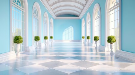 A symmetrical composition of a palace hallway with marble floors, arched ceilings, and decorative moldings.