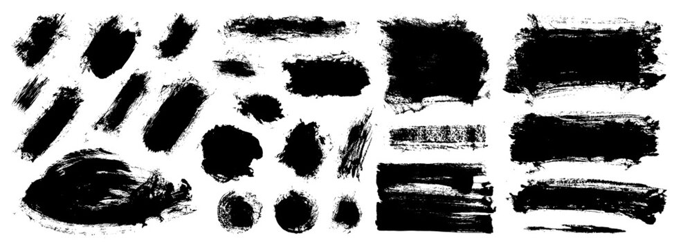 Black paint brush strokes set. Vector abstract ink background. Isolated straight and arched grungy splash underlines. Hand-drawn round and square shape elements. Punk style scratch texture lines bg