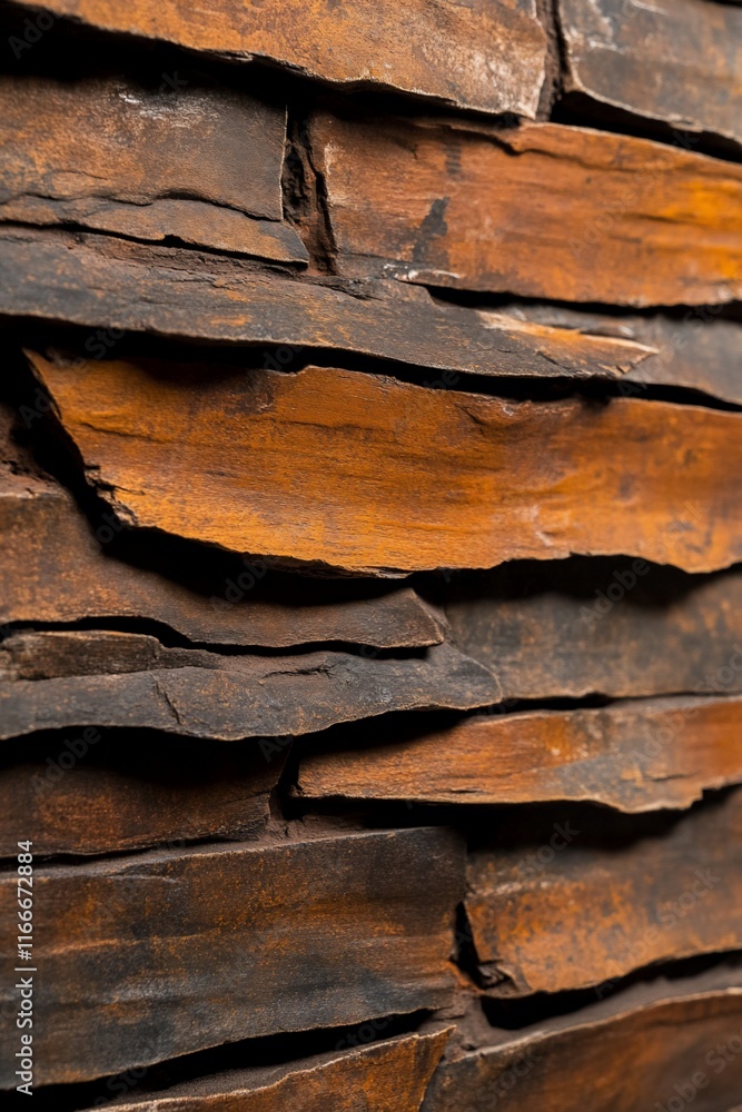 Aufkleber close-up of a rustic stone wall with varying shades of brown and dark-brown layered stones, showing 