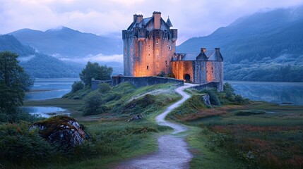 Fototapeta premium Enchanting dusk at a historic castle nestled in lush green surroundings with serene reflections in tranquil waters