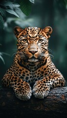 Fototapeta premium A close-up of a leopard resting on a log, showcasing its striking fur and intense gaze.