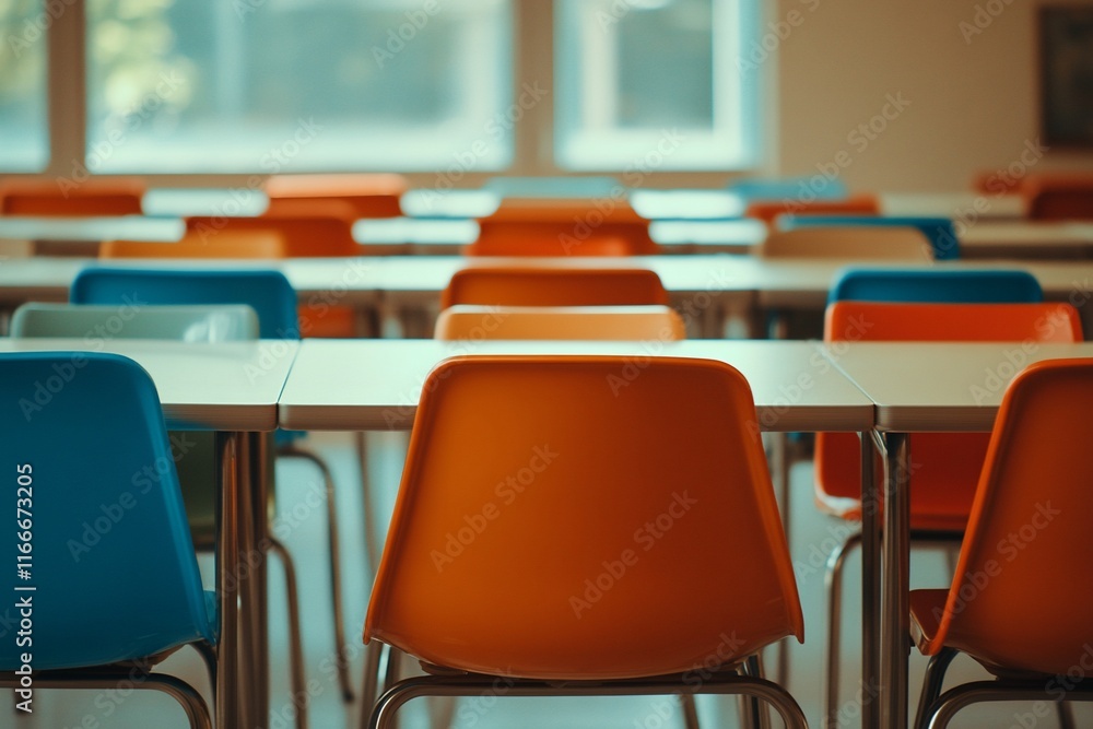 Poster Colorful chairs and tables in an empty classroom near a window.