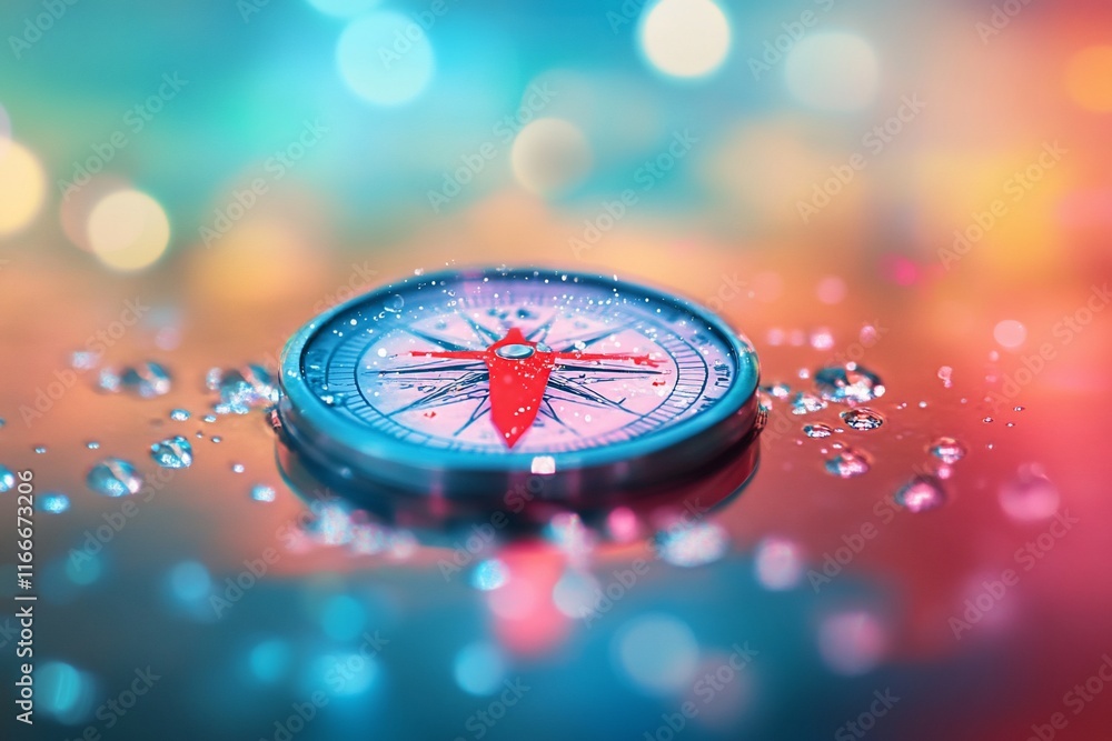 Poster wet compass on reflective surface with bokeh background.
