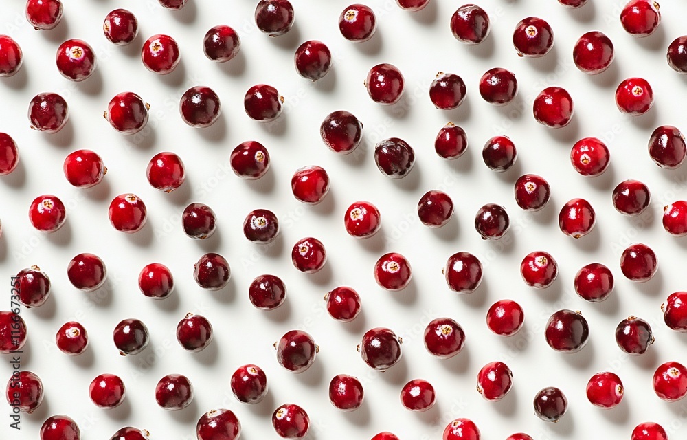 Poster Top view of fresh cranberries arranged in diagonal pattern on white background.