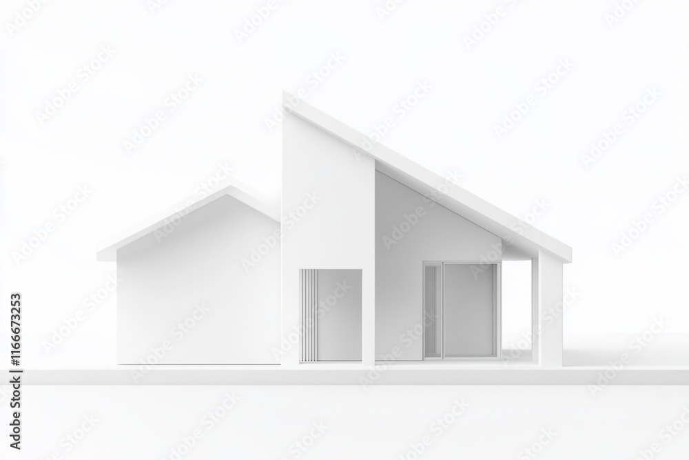 Poster Minimalist white architectural model of a modern house with a sloped roof and simple design against a white background.