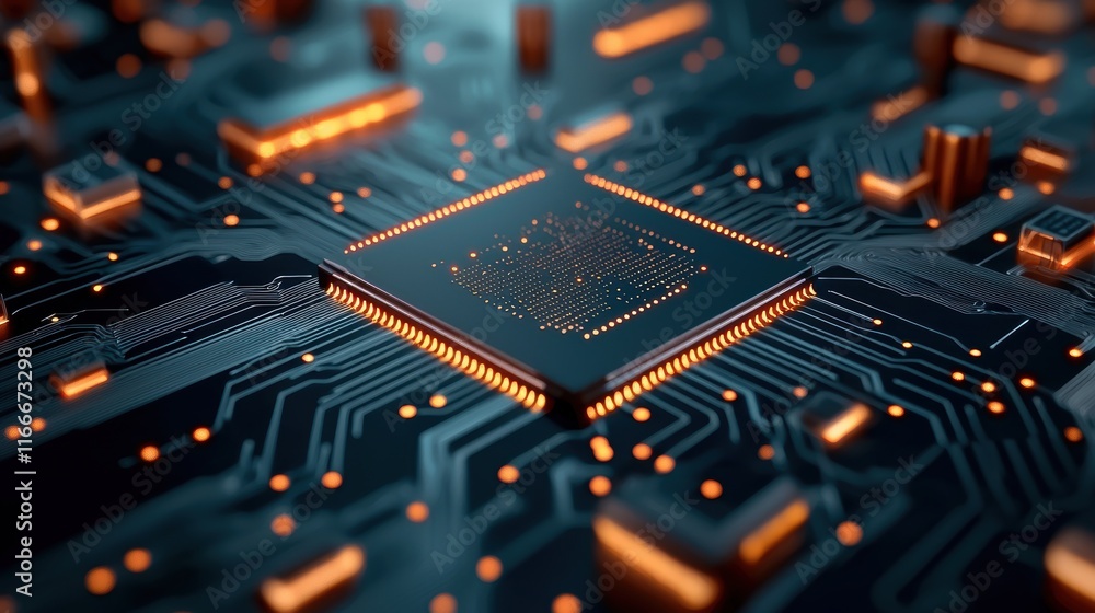 Poster a close up image of a circuit board with microchips, transistors, and intricate wiring, representing